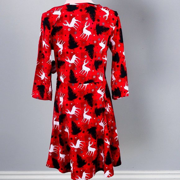 NWT SBS Fashion | Red & Black Holiday Trees Long-Sleeve A-Line Dress - M - Picture 4 of 5